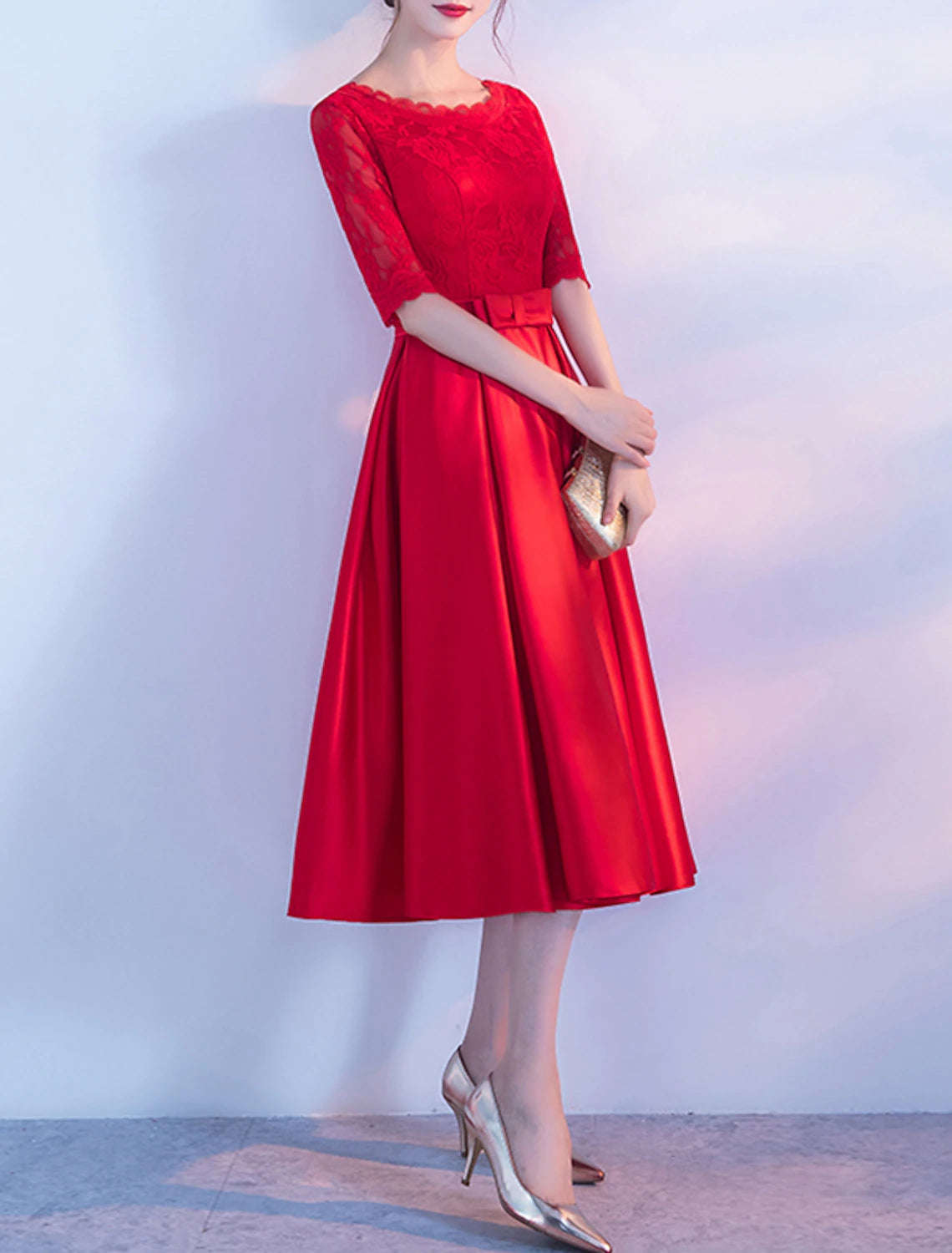 Wholesale A-Line Minimalist Elegant Party Wear Cocktail Party Wedding Guest Dress Jewel Neck Half Sleeve Tea Length Satin with Bow(s) Pleats Lace Embroidery